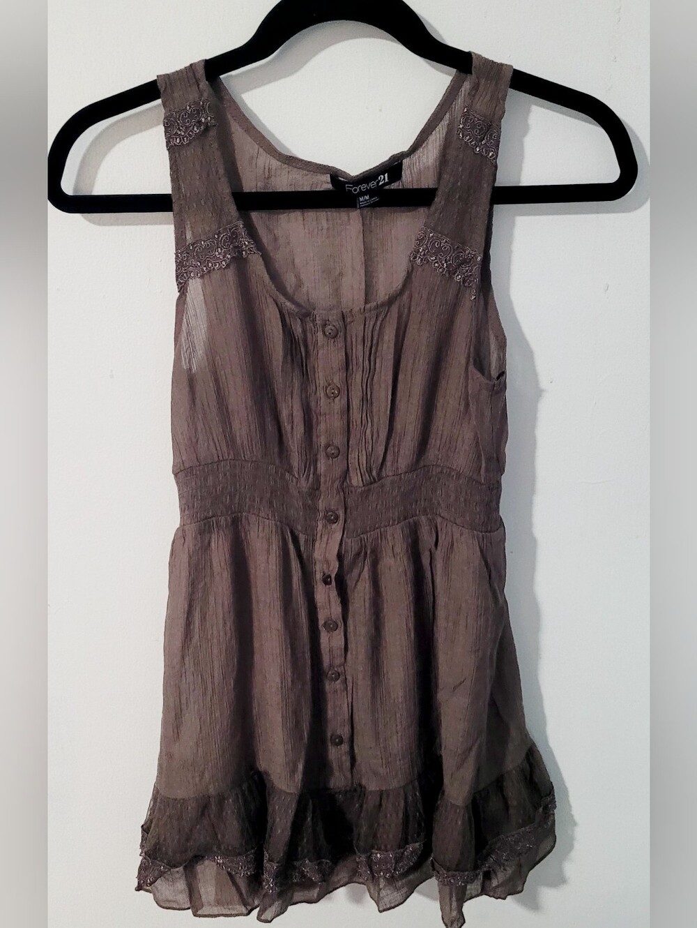 Forever 21 Brown Babydoll Semi Blouse Top Lace Trim Sz M Button Up